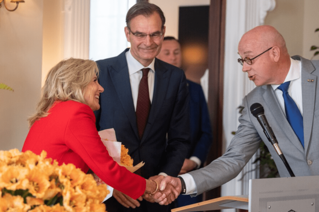 Jill Biden greeting Dutch leaders re:tulip